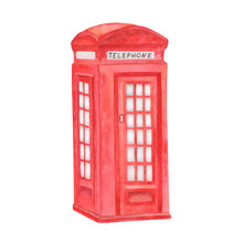 Watercolor Illustration Of Hand Painted Red Telephone Booth In London. Symbol Of England. Touristic Sightseeing. Isolated On White Clip Art For Posters, Banners, Postcards, Interior Stickers