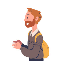 Sticker - Smiling Bearded Man Character with Backpack at the Airport Boarding Plane Vector Illustration