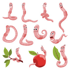 Funny worms collection. Soil crawlers with various emotion expressions. Set happy, amazement, pensive, upset applegrubs. Earth worm cartoon characters, wildlife nature. Insects for kids illustration