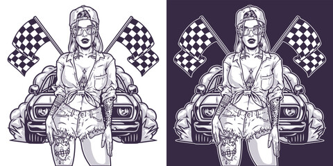 Poster - Girl car racer monochrome emblem