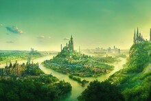 Emerald City With Yellow Brick Road And Bridge Across The River