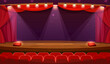 A theater stage with a spotlight, red curtains and seats. An empty concert hall ready for performance. Vintage theatre with wooden floor wide view background. Cartoon-style vector illustration.