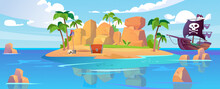 A Tropical Island With A Secret Gold Hideout And A Pirate Ship With A Black Flag In The Ocean. A Hidden Treasure Chest With Golden Coins Near A Hole And A Skull. Cartoon Style Vector Illustration.