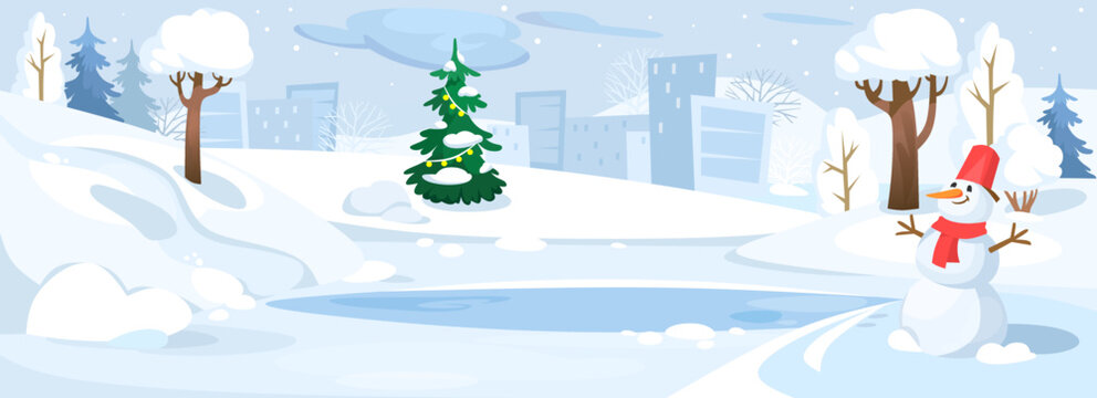 Wall Mural - Landscape view of an empty ice rink in a city park under snow. Winter background with decorated Christmas tree and a snowman. Holidays season outside of a town. Cartoon style vector illustration.