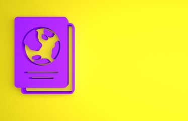 Poster - Purple Passport with biometric data icon isolated on yellow background. Identification Document. Minimalism concept. 3D render illustration