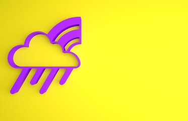 Wall Mural - Purple Rainbow with cloud and rain icon isolated on yellow background. Minimalism concept. 3D render illustration