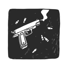 Vector hand-drawn illustration of a gun with bullet casings. A sketch with a smoking firearm for a design in the theme of  noir detective style.