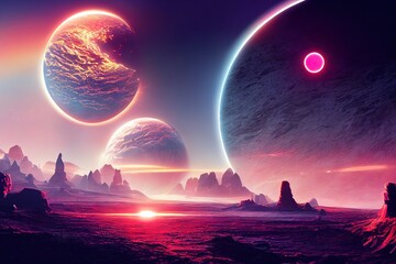 Wall Mural - Futuristic fantasy landscape, sci fi landscape with planet, neon light, cold planet. .