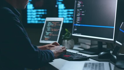 young asian man, developer programmer, software engineer, it support, working hard at night overtime