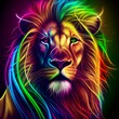 The muzzle of a lion is multi-colored, art portrait of a lion with rainbow colors