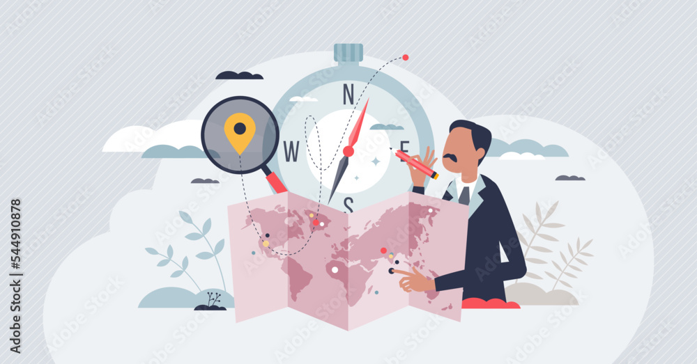 Cartographer occupation with professional mapping work tiny person concept. Map data research and detailed information measurement with country and places location from satellite vector illustration.