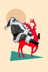 Sticker - Photo sketch graphics artwork picture of funky excited x-mas grandfather riding deer isolated drawing background