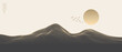 Vector abstract art landscape mountain with birds and sunrise sunset by golden line art texture isolated on black and beige background. Minimal luxury style for wallpaper, wall art decoration.