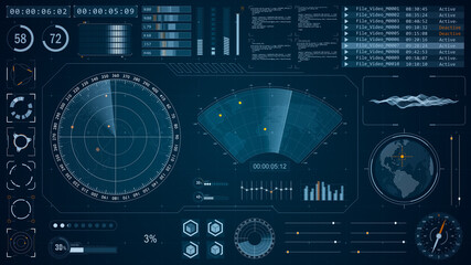 Wall Mural - blue color sonar radar screen searching an object with futuristic head up display ( hud ui ) technol