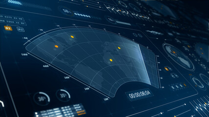Wall Mural - 3d blue color sonar radar screen searching an object with futuristic head up display ( hud ui ) tech