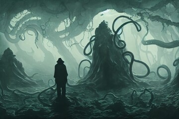 Lovecraft inspired scene. Dark and creepy cave with tentacle monsters attacking human figure. Digital painting illustration.