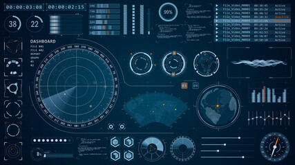 Wall Mural - blue color sonar radar screen searching an object with futuristic head up display ( hud ui ) technol
