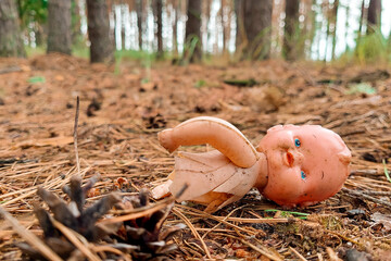 An old broken plastic doll lies in the woods