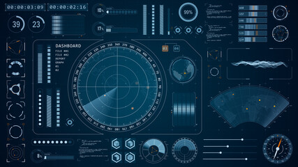 Wall Mural - blue color sonar radar screen searching an object with futuristic head up display ( hud ui ) technol