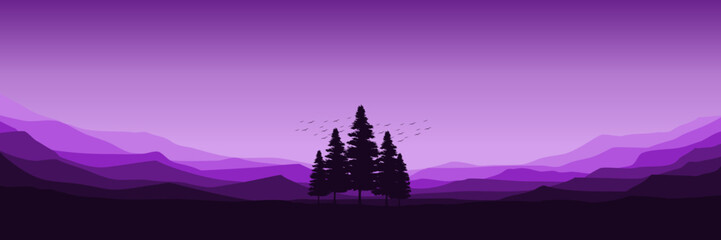 Wall Mural - tree silhouette in mountain silhouette flat design vector illustration for background, banner, backdrop, tourism design, apps background and wallpaper	