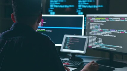 Young Asian man, developer programmer, software engineer, IT support, working hard at night overtime on computer to check coding in bugging system and running program fail and feeling stress.
