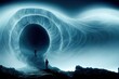 Human silhouette facing digital worm hole in an alien landscape