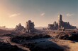 © LukaszDesign - Futuristic fortress. Desert outpost against evening sky. Stone towers with neon lights. Sci fi wallpaper. Photorealistic .