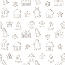 Ginger Cookies Seamless Pattern Vector Illustration, Hand Drawing Doodles