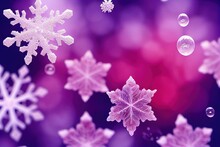  A Bunch Of Snowflakes Floating In The Air With Bubbles On Them And A Blurry Background Of Pink And Purple.
