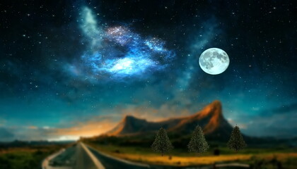 Wall Mural - night landscape on horizon mountains and pine trees starry sky deep blue nebula and big moon light mystery
