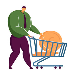 Wall Mural - man carrying money in shopping cart to bank flat vector illustration. money protection, financial in