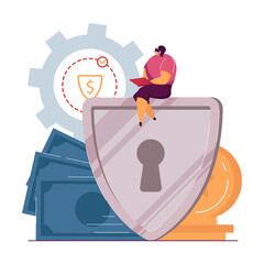 Wall Mural - female bank employee protecting money flat vector illustration. money protection, financial insuranc