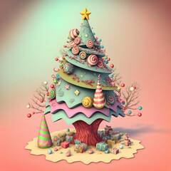 Sticker - Chrisytmas tree illustration with soft colors decorated isolated