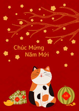 2023 Lunar New Year Tet Cute Cat, Rice Cakes, Watermelon, Gold, Apricot Flowers, Vietnamese Text Happy New Year. Hand Drawn Vector Illustration. Flat Style Design. Concept Holiday Card, Poster, Banner