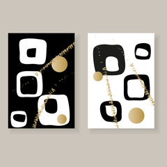 Canvas Print - Set of minimalistic elegant wall decor posters. Black, white and gold background with abstract squares and grunge texture. Creative templates for parties, cards, posters, covers, labels, home decor.