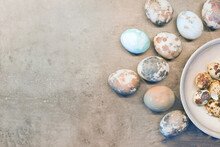 Blue Easter Eggs On Concrete. Happy Easter Card: Marble Stone Effect Painted. Top View, Flat Lay