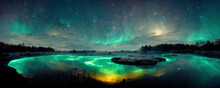 Lovely Night Sky Landscape With Aurora Borealis Reflecting On The Water Of Lake, Illustration. Ethereal Landscape, Vivid Color.