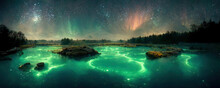 Lovely Night Sky Landscape With Aurora Borealis Reflecting On The Water Of Lake, Concept Art. Ethereal Landscape, Intense Color.