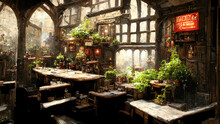 Fantasy Dreamland Tavern In Medieval City With Flowers And Vegetation, Concept Artwork. Medieval Heroic Fantasy Tavern, Brilliant Color.