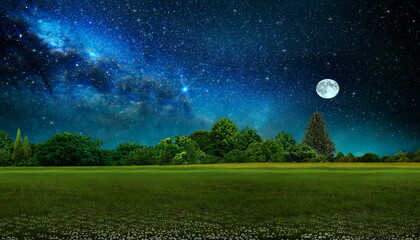 Wall Mural - wild field at night starry sky and big moon light nebula summer nature landscape