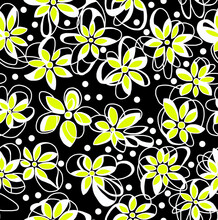 Floral Black And White Pattern On A Black Background With Yellow Petals, Abstract Design, Seamless Background.