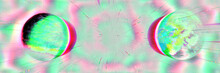 Abstract Planet With Wind Glitch Effect In Green Rose Pink Psychedelic Cosmos Universe. Separation Of The Cracked Planet And Trigger Global Destruction And Imitation 3D Trippy Panoramic Banner