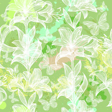 Lilies And Butterflies Green Graphic Background. Vector Illustration