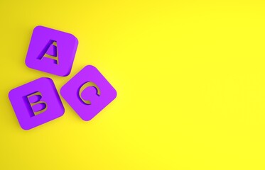 Wall Mural - Purple ABC blocks icon isolated on yellow background. Alphabet cubes with letters A,B,C. Minimalism concept. 3D render illustration