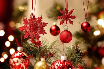 Wall Mural - Red Snow flakes with red baubles hanging on a christmas tree with fir branches