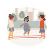 Chinese jump rope isolated cartoon vector illustration. Girls standing with elastic rubber band around ankles, one kid jumping over chinese rope, students having fun, recess vector cartoon.