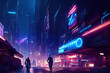 © Aetaer - Cyberpunk city with skyscrapers, futuristic cyberpunk cityscape in the background, sci-fi, future city, neon signs, night city, glowing neon lights, dramatic light