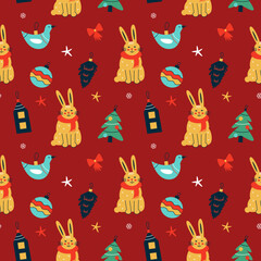  Seamless pattern with cute rabbits and Christmas tree decorations on red background. Christmas design for fabric and paper, surface textures.