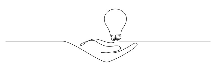 Poster - Lightbulb on hand one continuous line drawing. Electric lamp. Brainstorm linear symbol. Vector isolated on white.