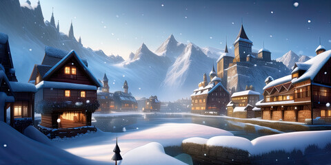 Wall Mural - Snowy weather on a town illustration concept art